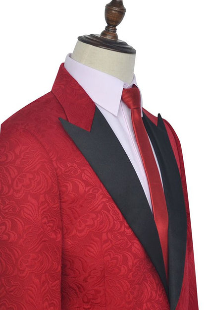 Bright Red Jacquard Peak Lapel with Black Silk Classy Mens Suits