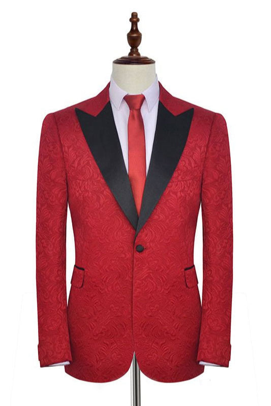 Bright Red Jacquard Peak Lapel Classy Tuxedo for Men