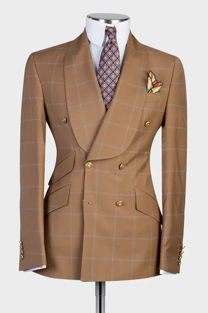 Brown Shawl Lapel Plaid Double Breasted 2-piece Men's Suit