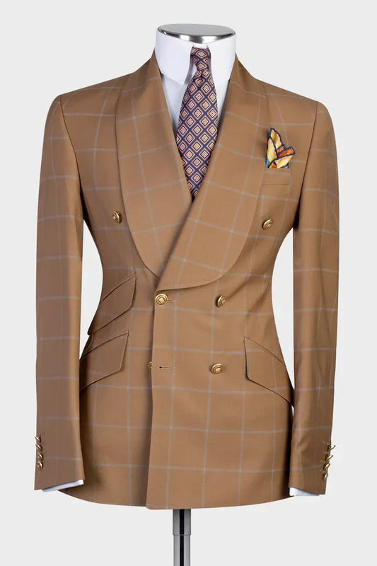 Brown Shawl Lapel Plaid Double Breasted 2-piece Men's Suit