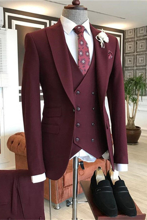 Burgundy Peaked Lapel Three Pieces Men's Suit for Prom