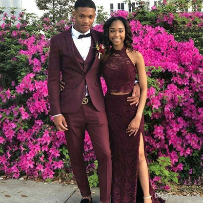 Burgundy Shawl Lapel Three Piece Men Prom Outfits