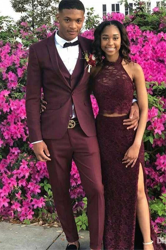 Burgundy Shawl Lapel Three Piece Men Prom Outfits