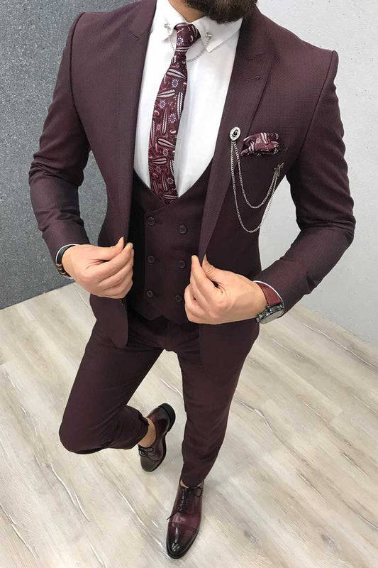 Burgundy 3-piece Slim Fit Peaked Lapel Suit