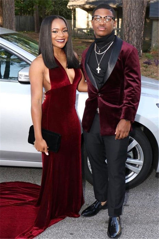 Burgundy Velvet Shawl Lapel Men Prom Suits