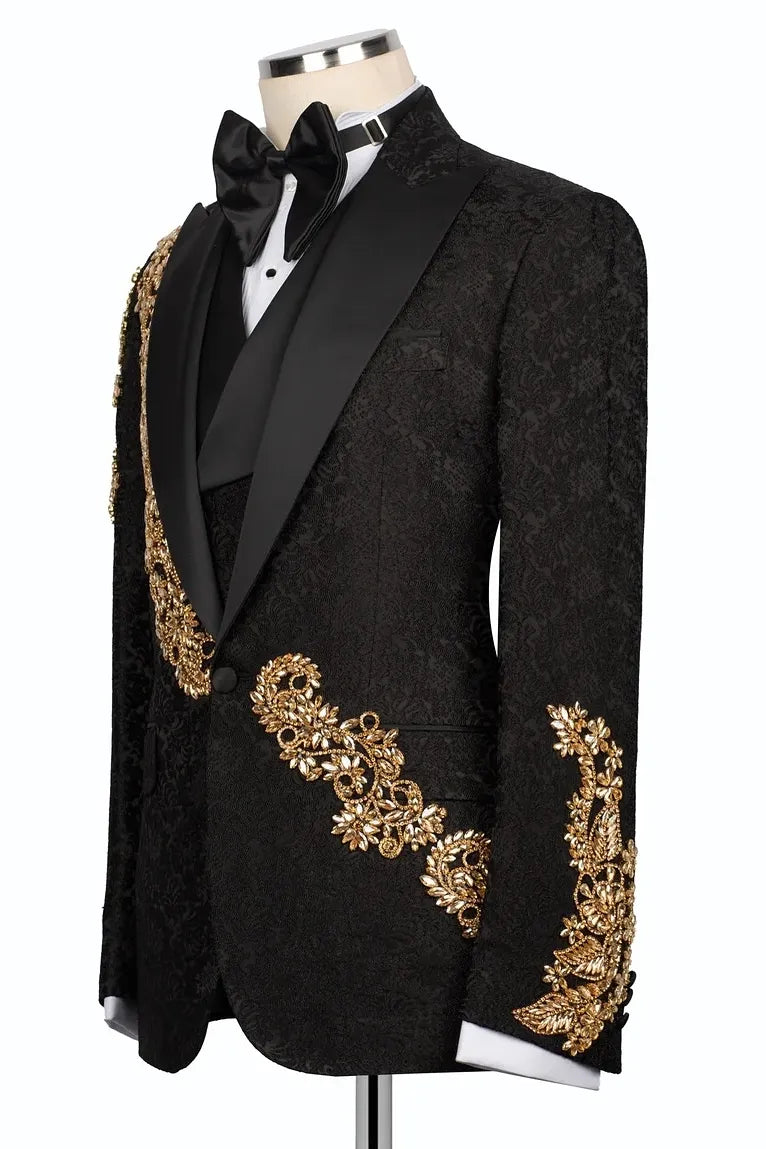 Jacquard Black 3-piece Suit with Gold Appliques