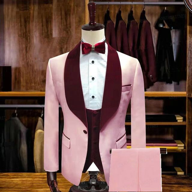 Candy Pink Stylsih Shawl Lapel Slim Fit Men Suits for Wedding