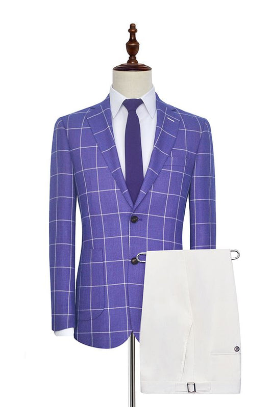 Check Pattern Patch Pocket Purple Suits Notch Lapel Formal Suits