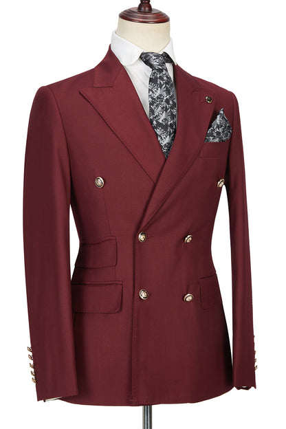 Chic Double Breasted Burgundy Peaked Lapel Men Formal Suit