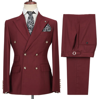 Chic Double Breasted Burgundy Peaked Lapel Men Formal Suit