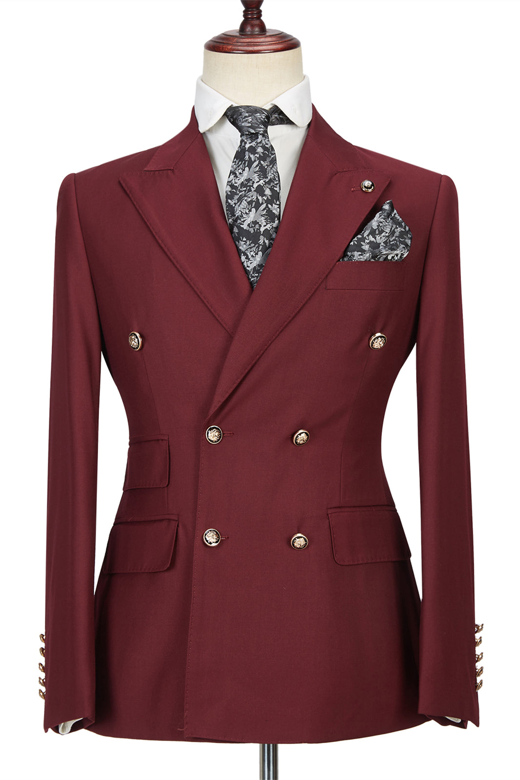 Chic Double Breasted Burgundy Peaked Lapel Men Formal Suit