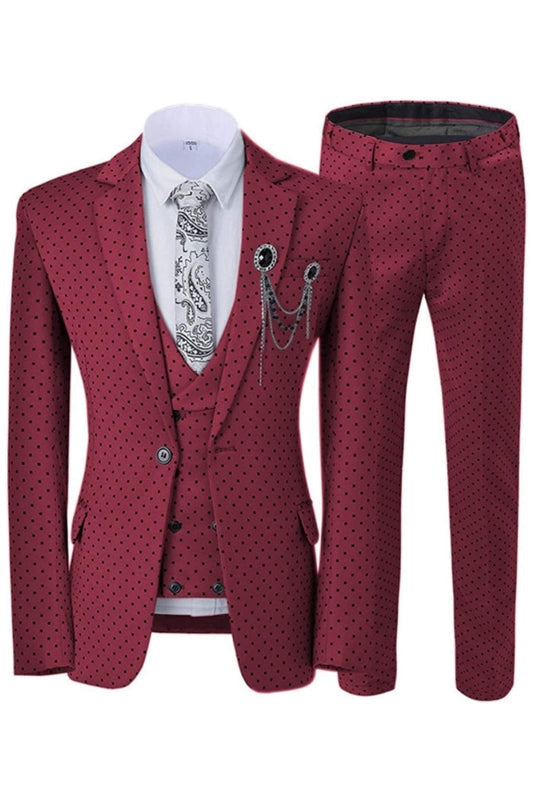 Chic Burgundy Notched Lapel Slim Fit Three Pieces Prom Suits With Black Dot