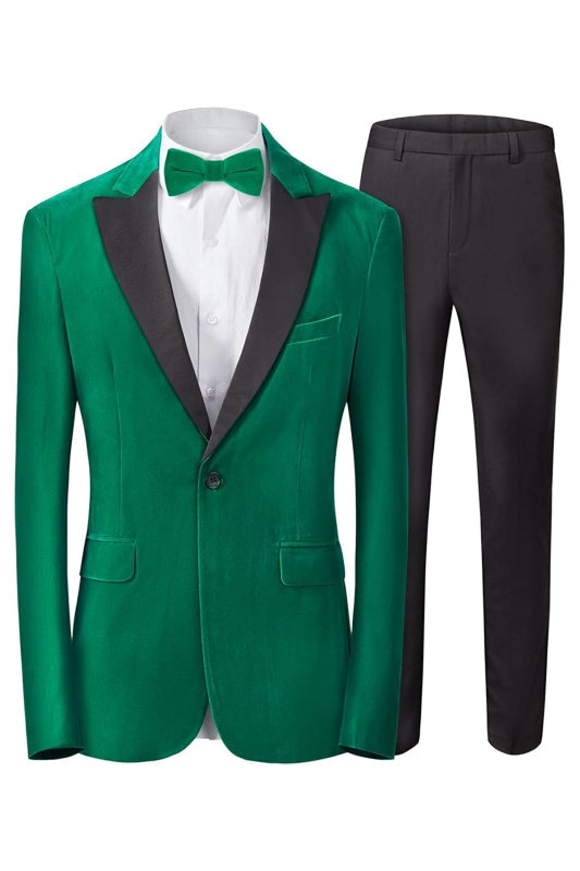 Chic Green Peaked Lapel 2 Pieces Velvet Men Suits