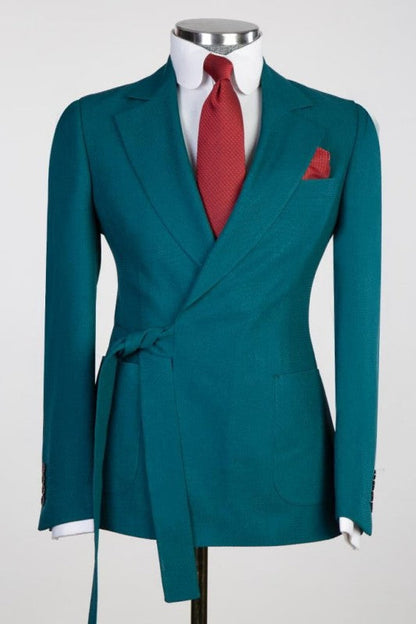 Chic Teal Blue Notched Lapel Two Pieces Prom Suits with Belt Slim Fit