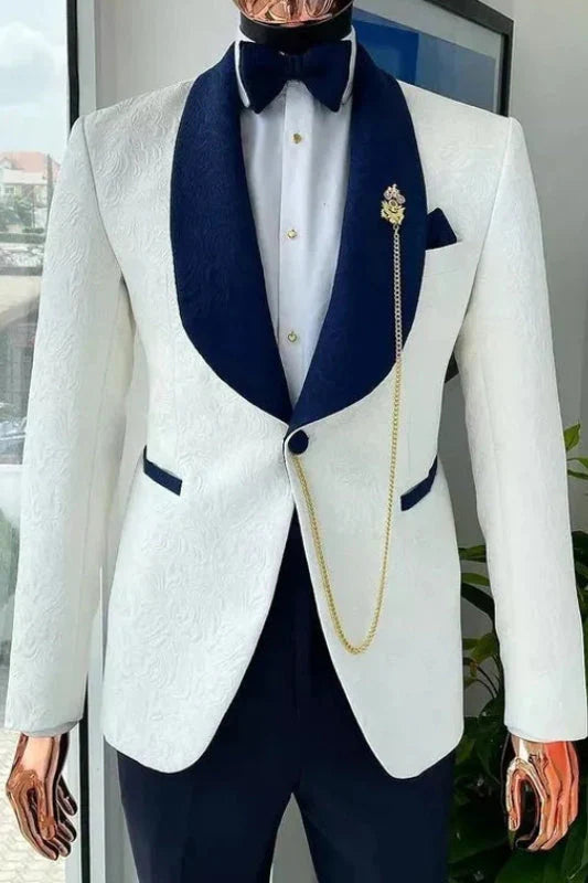 Formal White Jacquard 2-piece Blazer Suit