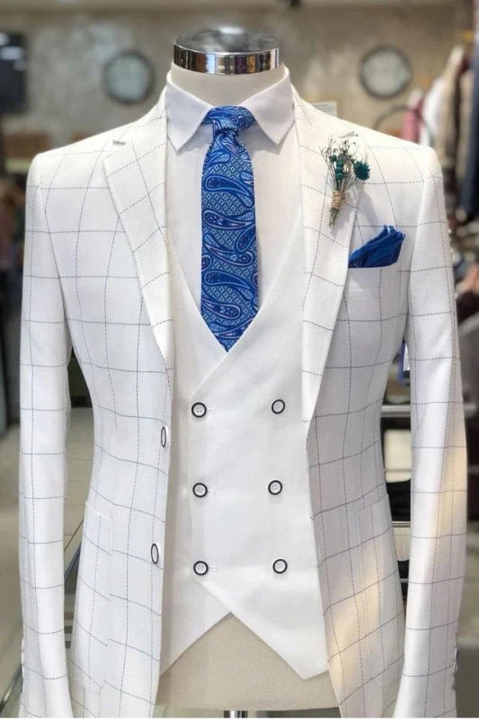 Classy White Plaid Notched Lapel Single Breasted Men's Suits