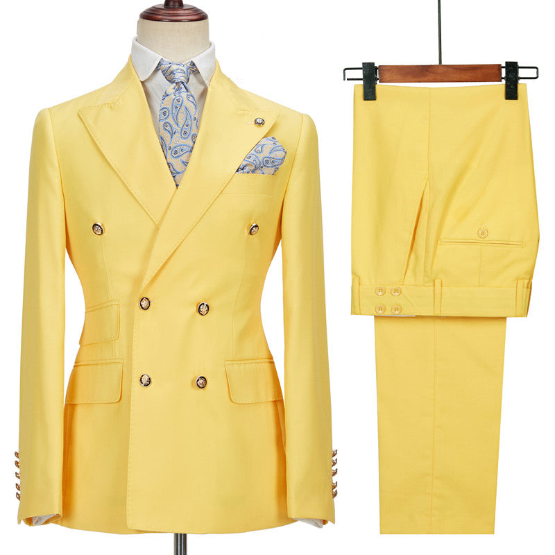 Chic Yellow Double Breasted Peaked Lapel Slim Fit Bespoke Men Suits