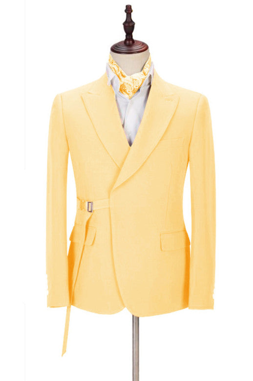 Chic Yellow Peaked Lapel Slim Fit Men Prom Suits