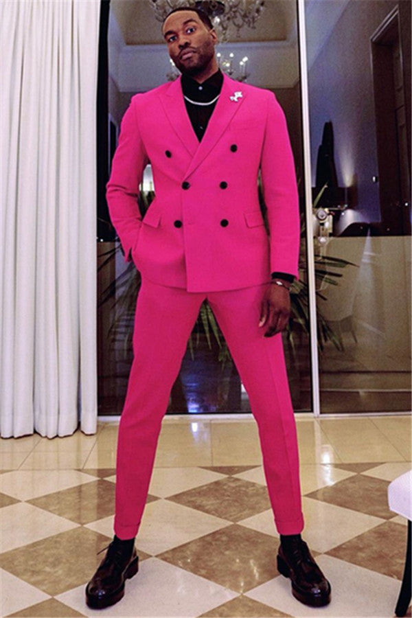 Classic Fuchsia Two Breasted Peaked Lapel Prom Men Suit