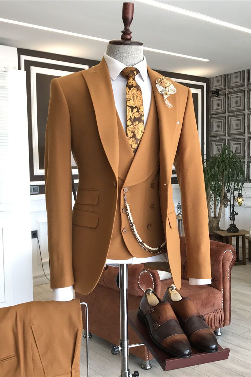 Classic Orange Peaked Lapel Single Breasted Tailored Suit