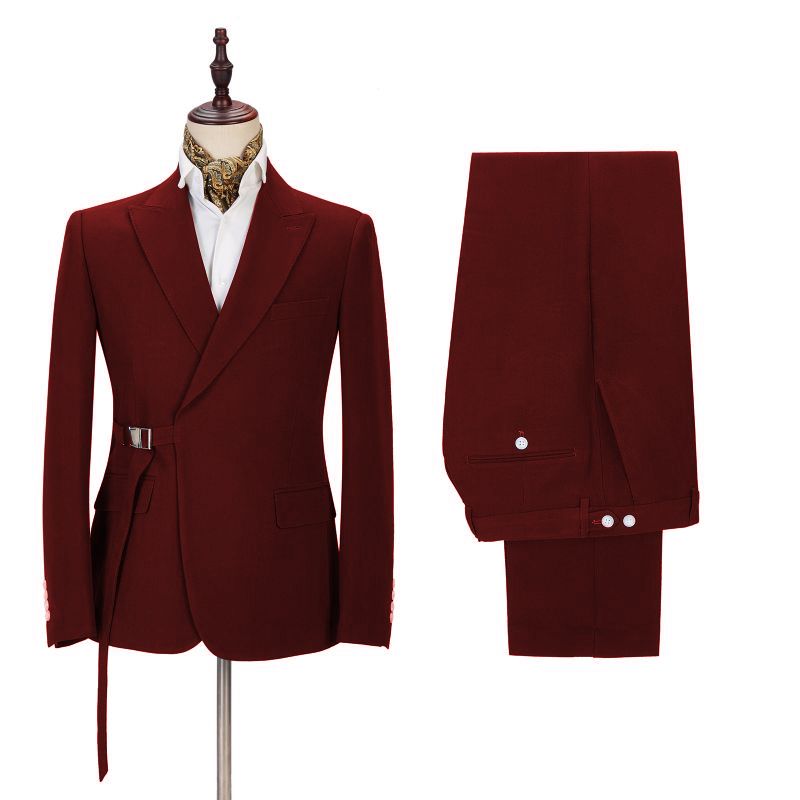 Classic Peak Lapel Buckle Button Formal Burgundy 2 Piece Men Suits