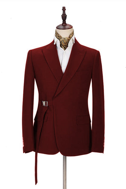 Classic Peak Lapel Buckle Button Formal Burgundy 2 Piece Men Suits