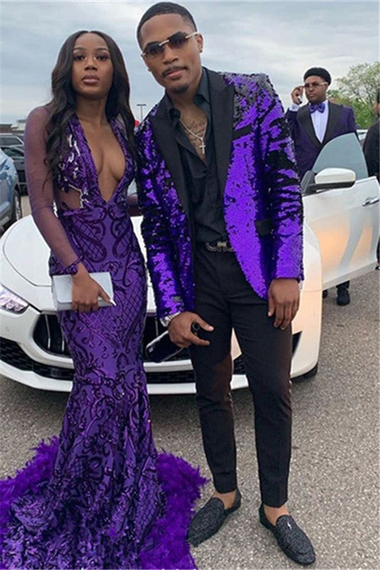 Classic Purple Sequined 2-Piece Slim Fit Men Prom Suits