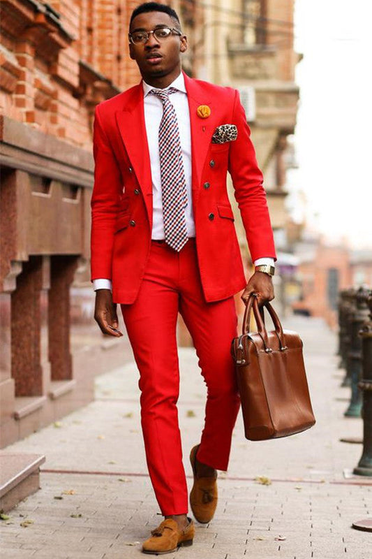 Classic Red Double Breasted Peaked Lapel Men Prom Suits