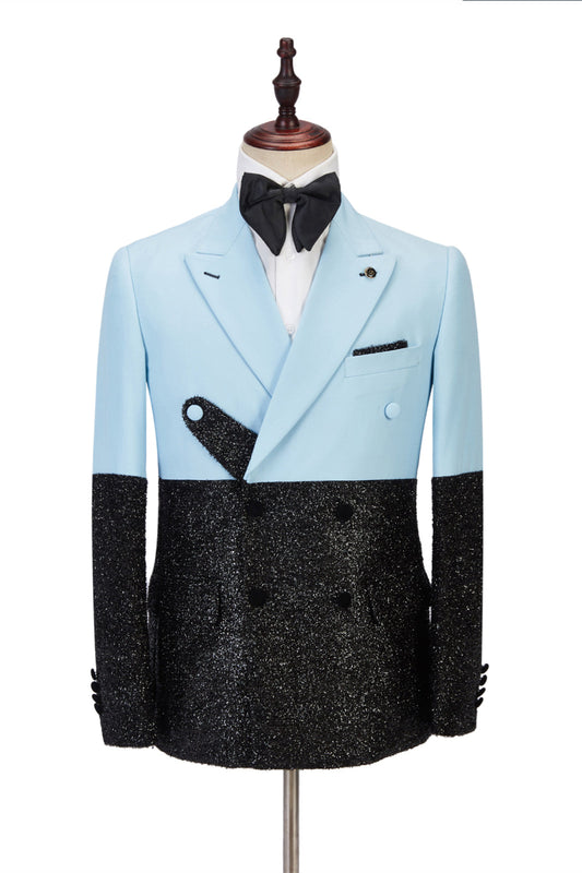 Classic Light Blue Classy Sparkle Black Peak Lapel 2 Piece Men Suit