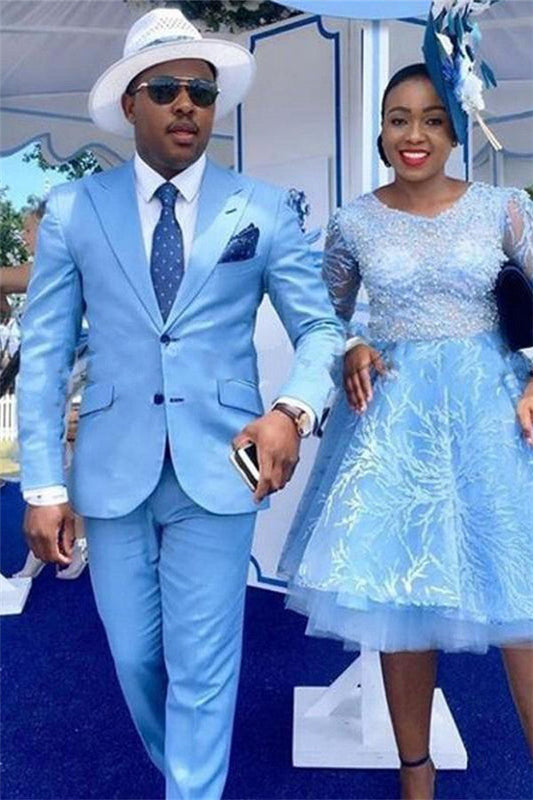 Classy Blue Peaked Lapel 2-Piece Men Prom Suits