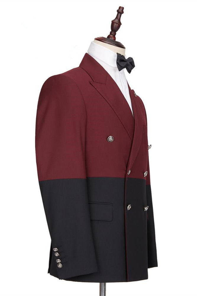 Classy Burgundy and Black Double Breasted Peaked Lapel Men Suits