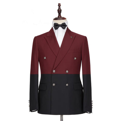 Classy Burgundy and Black Double Breasted Peaked Lapel Men Suits