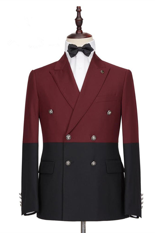 Classy Burgundy and Black Double Breasted Peaked Lapel Men Suits