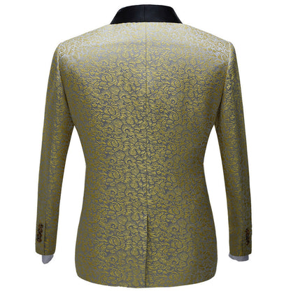 Classy Gold Jacquard Slim Fit Men Prom Suits with Black Shawl Lapel