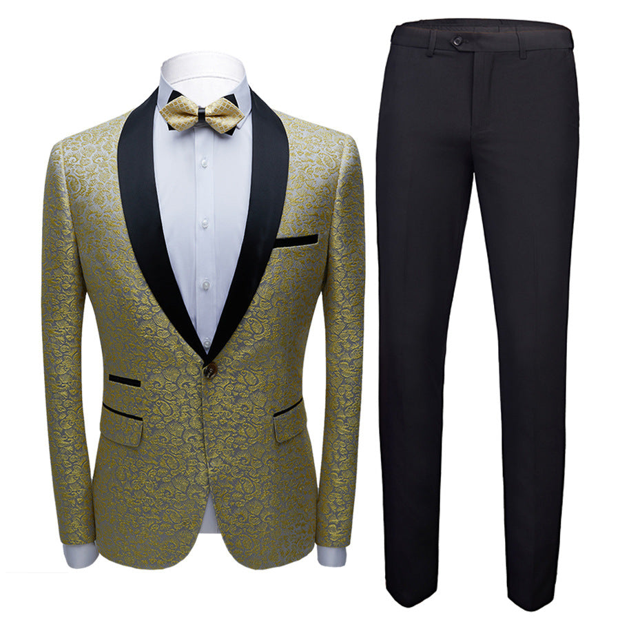 Classy Gold Jacquard Slim Fit Men Prom Suits with Black Shawl Lapel