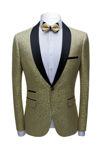 Classy Gold Jacquard Slim Fit Men Prom Suits with Black Shawl Lapel