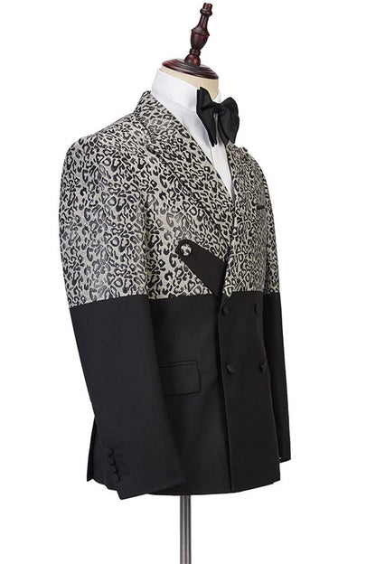 Classy Leopard Print Black Double Breasted Peaked Lapel Men's Suit for Prom