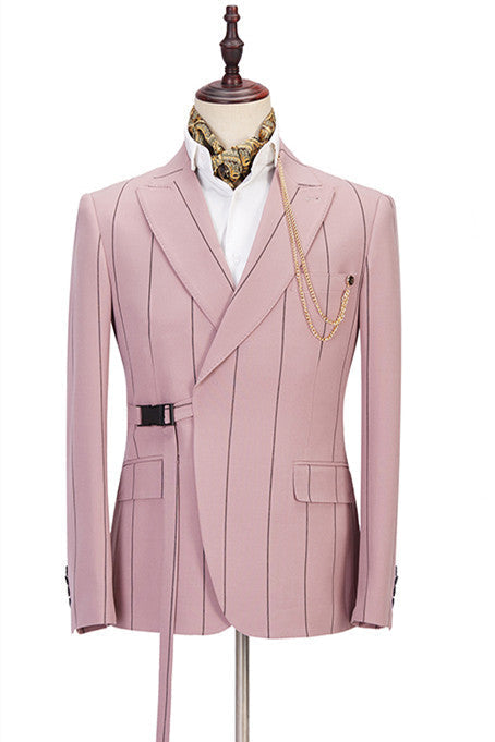 Classy Pink Striped Peaked Lapel Fitted Men Suits