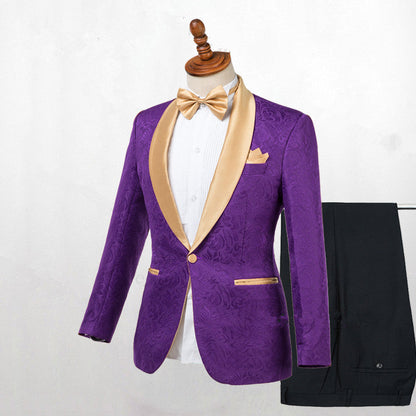 Classy Purple One Button Gold Shawl Lapel Wedding Men Suit