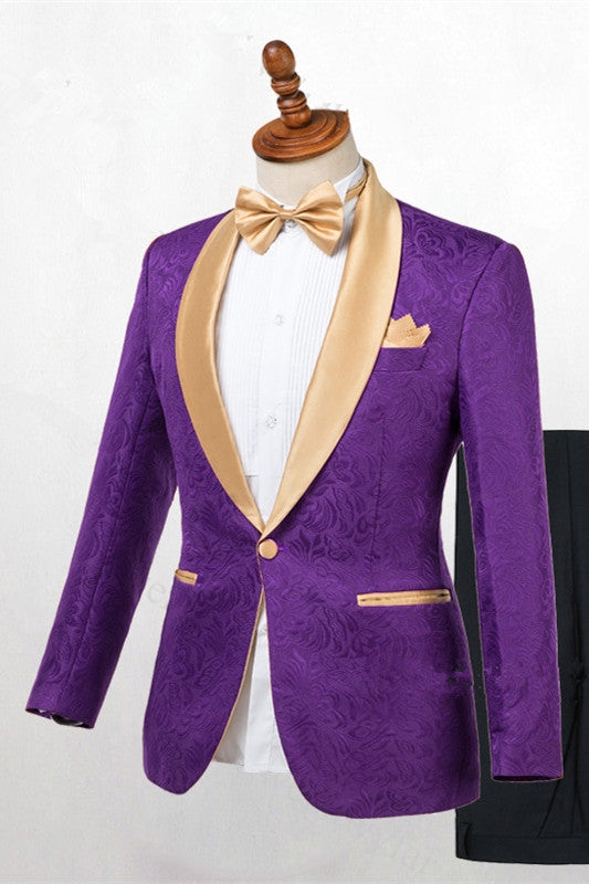 Classy Purple One Button Gold Shawl Lapel Wedding Men Suit