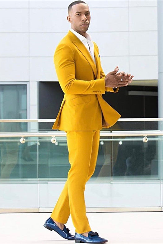 Classy Yellow Double Breasted Peaked Lapel Men Prom Suits