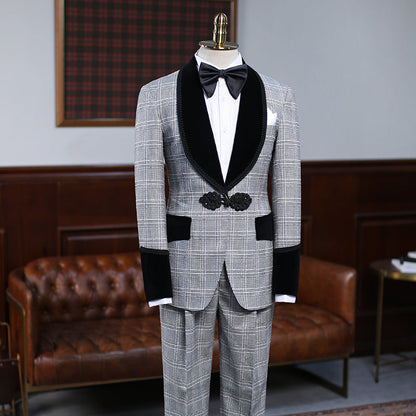 Custom Design Gray Plaid Knitted Button Wedding Suit for Grooms