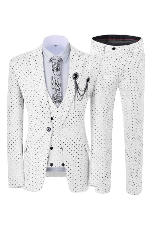 Cutom Made White Notched Lapel 3 Pieces Prom Suits with Black Dot Slim Fit Tuxedos