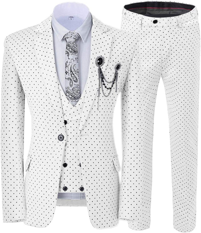 Cutom Made White Notched Lapel 3 Pieces Prom Suits with Black Dot Slim Fit Tuxedos