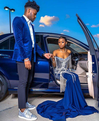 Royal Blue Velvet Prom Outfits Chic Peaked Laple Men Suit