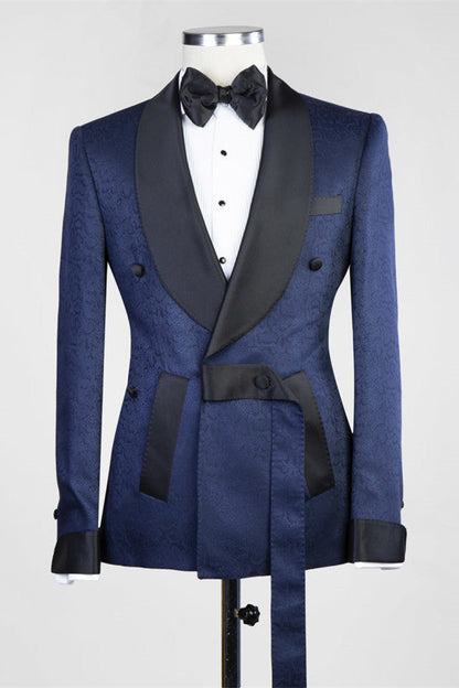 Navy Blue Jacquard Shawl Lapel Double Breasted Floral Tuxedo