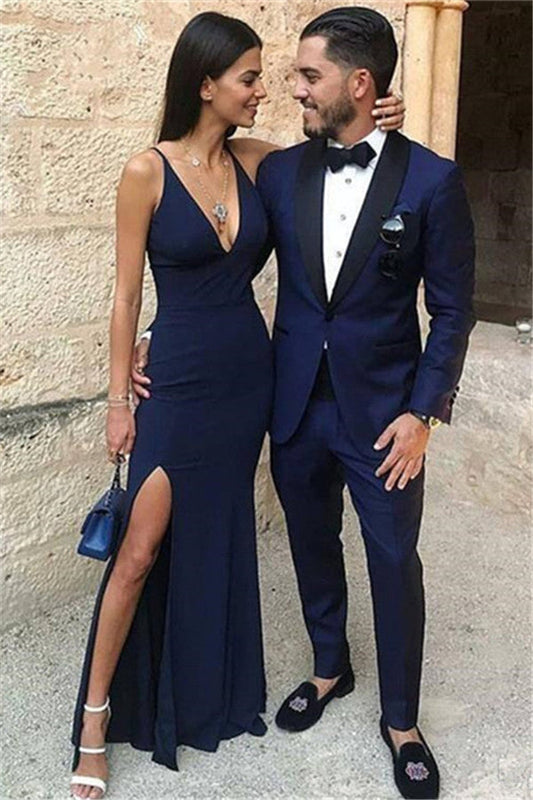 Navy Blue One Button Two-Piece Men Prom Suits with Black Lapel