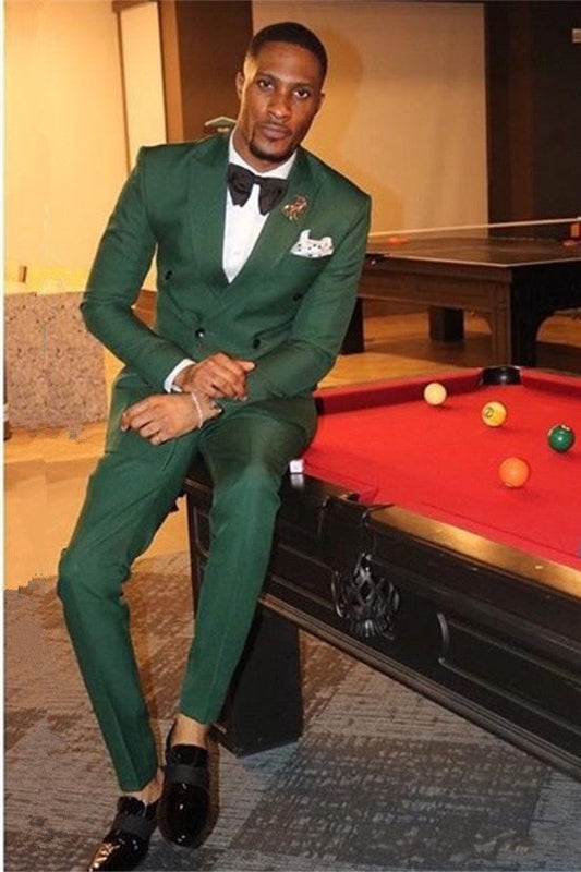 Dark Green Double Breasted Peaked Lapel Two Piece Men's Suit