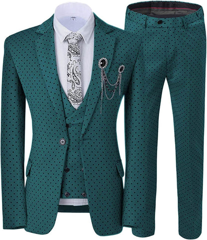 Dark Green Notched Lapel Black Dot Three Pieces Prom Suits