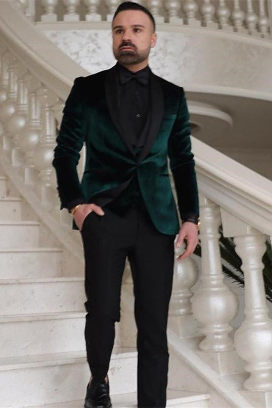 Dark Green Velvet 3 Pieces Shawl Lapel Wedding Groom Suits